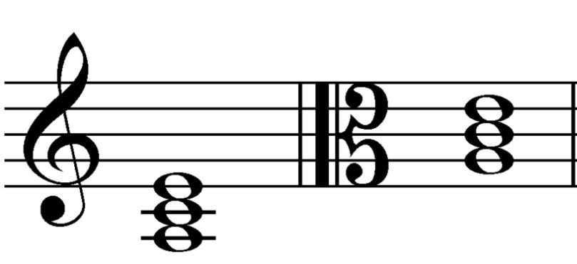 De A-mineur drieklank in vioolsleutel en altsleutel